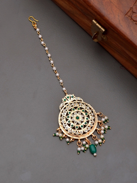 

Silvermerc Designs Gold-Plated Green & White Stone-Studded & Pearl Beaded Handcrafted Maangtika
