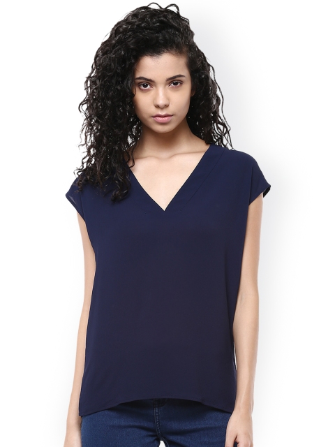 

Harpa Women Navy Solid Crepe Top, Navy blue