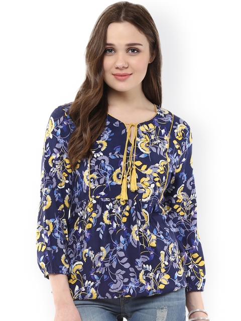 

Harpa Women Navy Printed Blouson Top, Navy blue