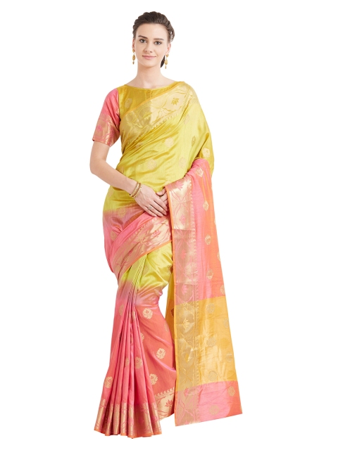 

Mitera Pink & Green Woven Design Zari Silk Blend Banarasi Saree