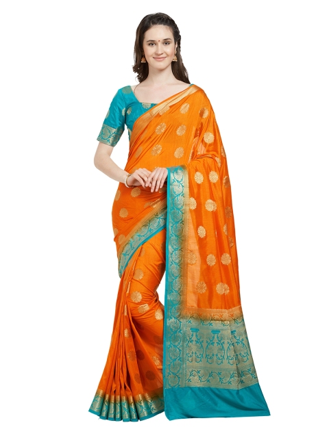 

Mitera Orange & Blue Ethnic Motifs Silk Blend Heavy Work Kanjeevaram Saree