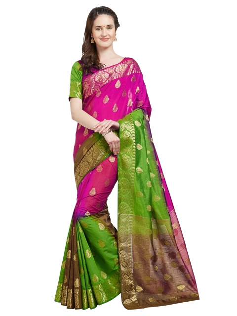 

Mitera Pink & Green Ethnic Motifs Silk Blend Banarasi Saree