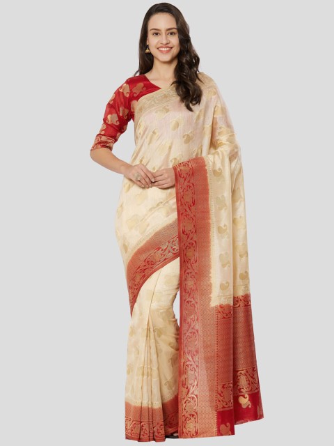 

Mitera Pink & Cream-Coloured Ethnic Motifs Silk Blend Banarasi Saree