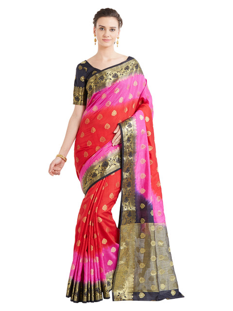 

Mitera Pink & Red Ethnic Motifs Zari Silk Blend Heavy Work Banarasi Saree