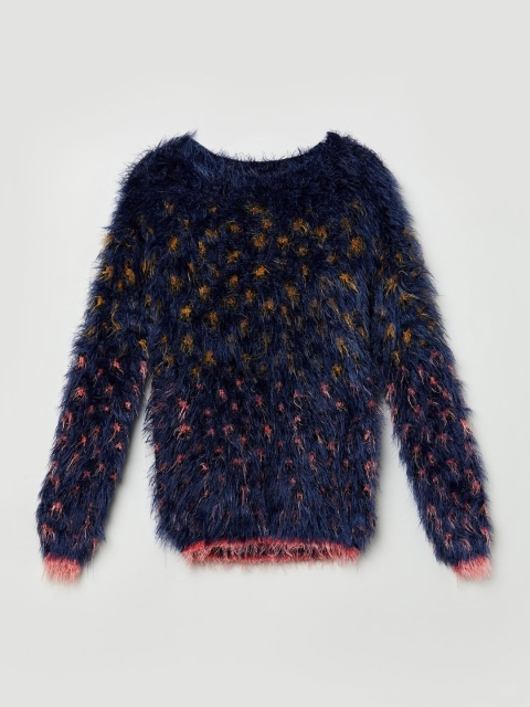 

max Girls Navy Blue & Pink Speckled Pullover With Fuzzy Detail Sweaters