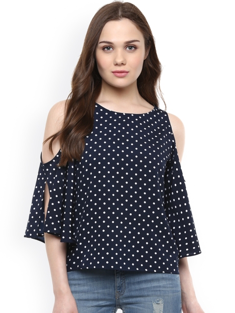 Harpa Women Navy Blue Printed Regular Cold Shoulder Top Harpa Women Navy Blue Printed Regular Cold Shoulder Top