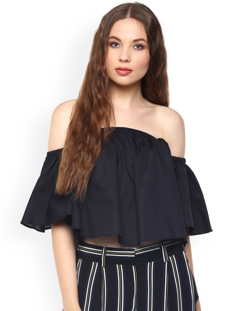 

Harpa Women Black Solid Off-Shoulder Crop Top