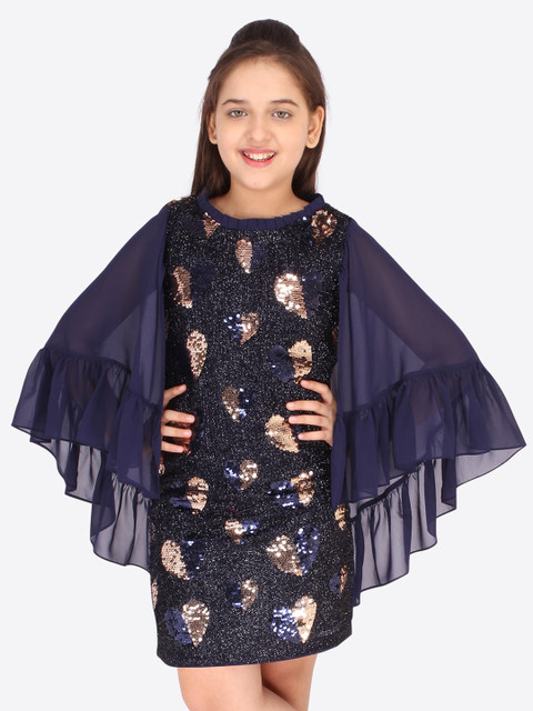 

CUTECUMBER Girls Navy Blue & Copper-Toned Floral Georgette Bodycon Dress