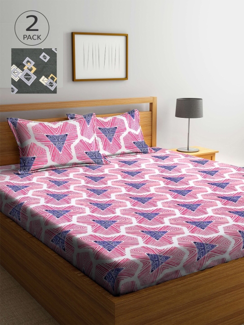 

Arrabi Pink & Grey Geometric 300 TC 2 King Bedsheet with 4 Pillow Covers