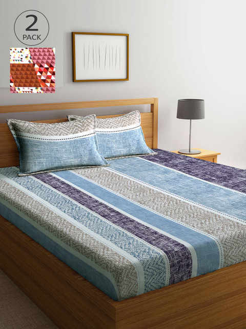 

Arrabi Set of 2 Striped Cotton 300 TC 2 King Bedsheet with 4 Pillow Covers, Blue