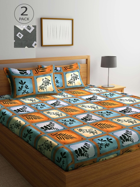 

Arrabi Grey & Orange Floral 300 TC 2 King Bedsheet with 4 Pillow Covers