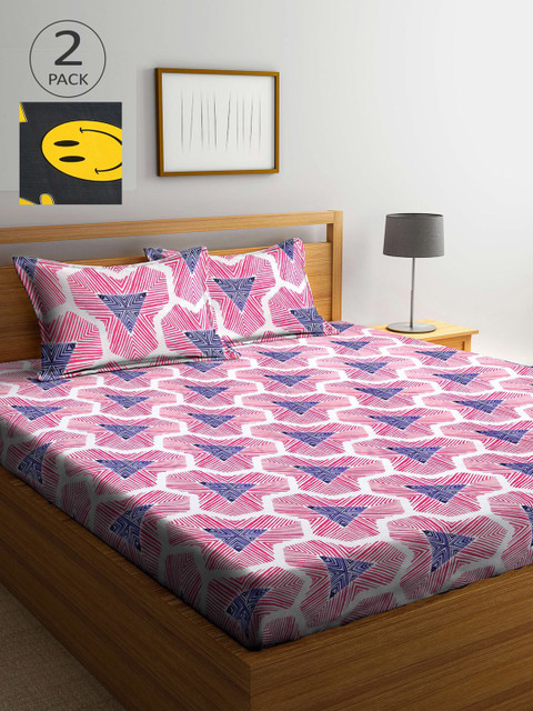 

Arrabi Set Of 2 Charcoal & Pink Graphic 300 TC 2 King Bedsheet with 4 Pillow Covers