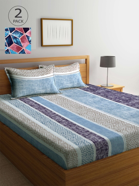 

Arrabi Grey & Brown Striped 300 TC 2 King Bedsheet with 4 Pillow Covers