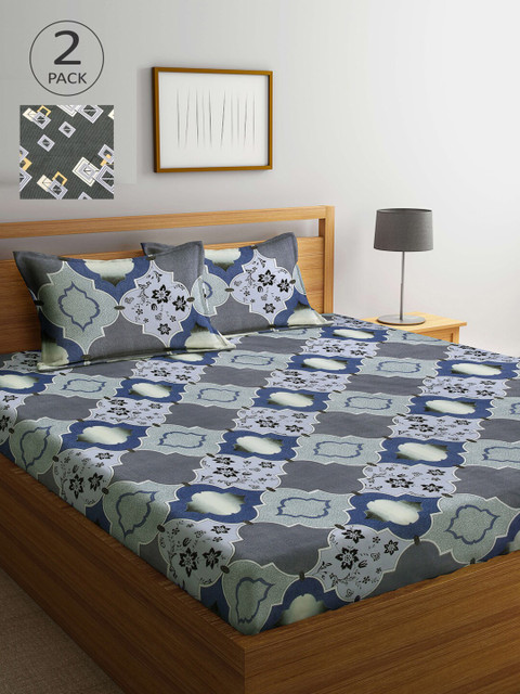 

Arrabi Grey & Blue Ethnic Motifs 300 TC 2 King Bedsheet with 4 Pillow Covers