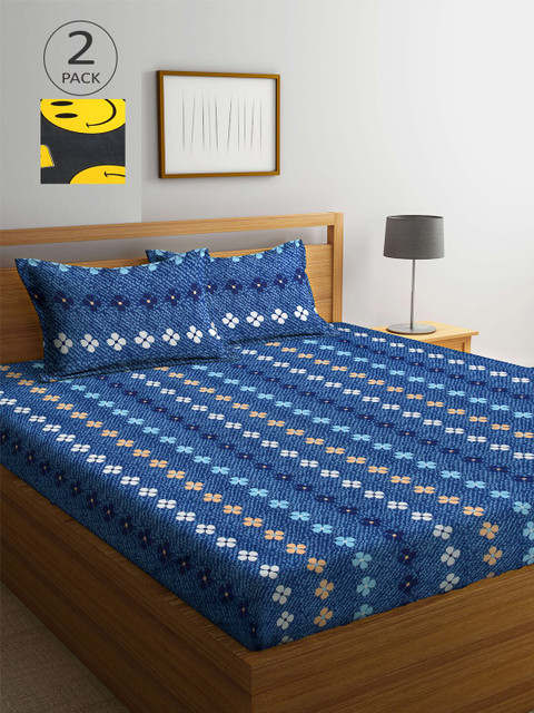 

Arrabi Pack Of 2 300 TC Printed 2 King Bedsheet with 4 Pillow Covers, Blue