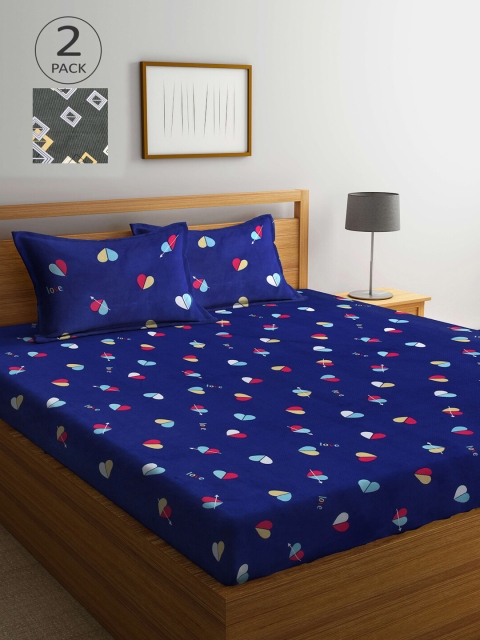 

Arrabi Blue & Green Graphic 300 TC 2 King Bedsheet with 4 Pillow Covers