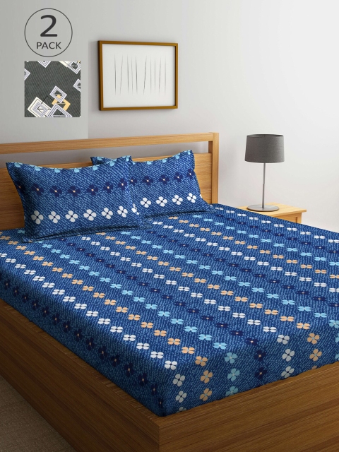 

Arrabi Blue & Grey Floral 300 TC 2 King Bedsheet with 4 Pillow Covers