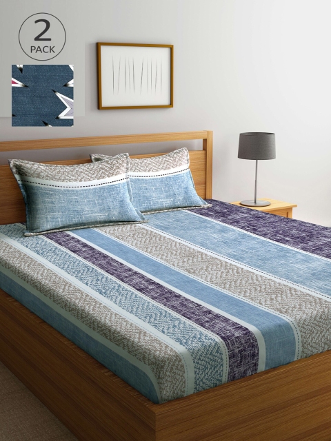 

Arrabi Set of 2 Striped 300 TC 2 King Bedsheet with 4 Pillow Covers, Grey