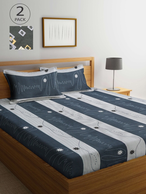 

Arrabi Pack Of 2 Grey & White Striped 300 TC 2 King Bedsheet with 4 Pillow Covers