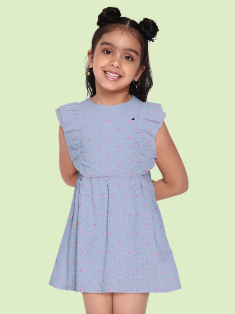 

Tommy Hilfiger Blue Checked Embroidered & Fluttered A-Line Dress