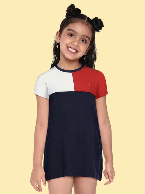 

Tommy Hilfiger Navy Blue & White Colourblocked Pure Cotton T-shirt Mini Dress