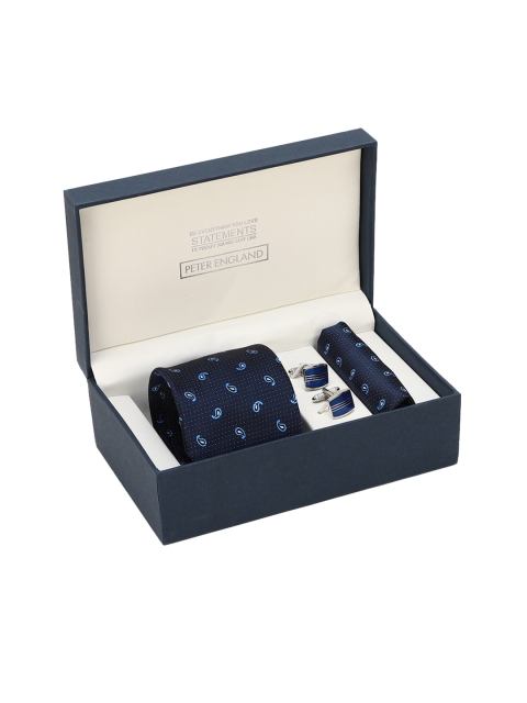

Peter England Men Navy Blue & White Woven-Design Accessory Gift Set