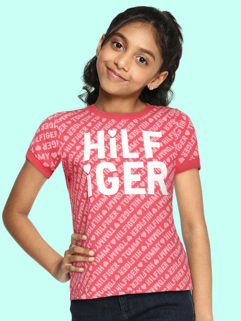 

Tommy Hilfiger Girls Red Typography Print Pure Cotton Applique T-shirt