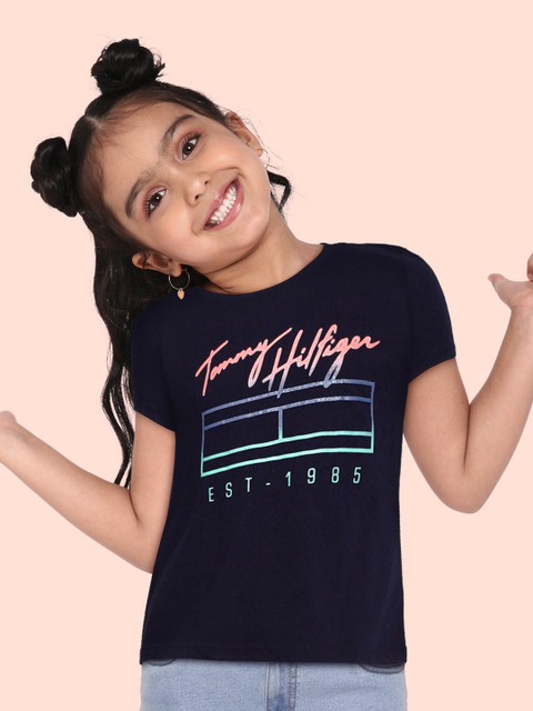 

Tommy Hilfiger Girls Navy Blue Pure Cotton Typography Printed T-shirt
