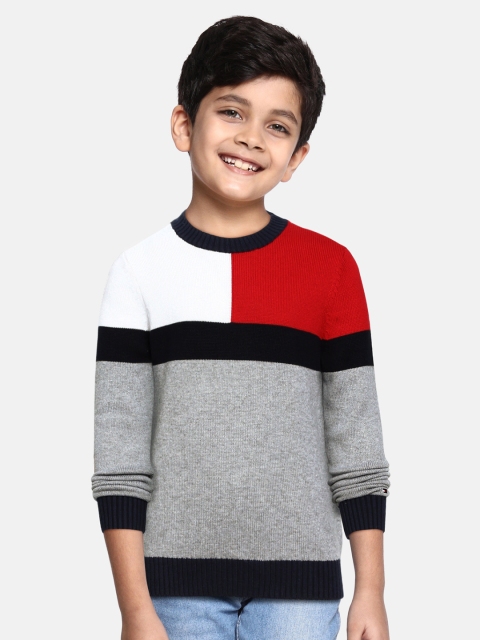 

Tommy Hilfiger Boys Grey & Red Troy Round Neck Cotton Colourblocked Pullover