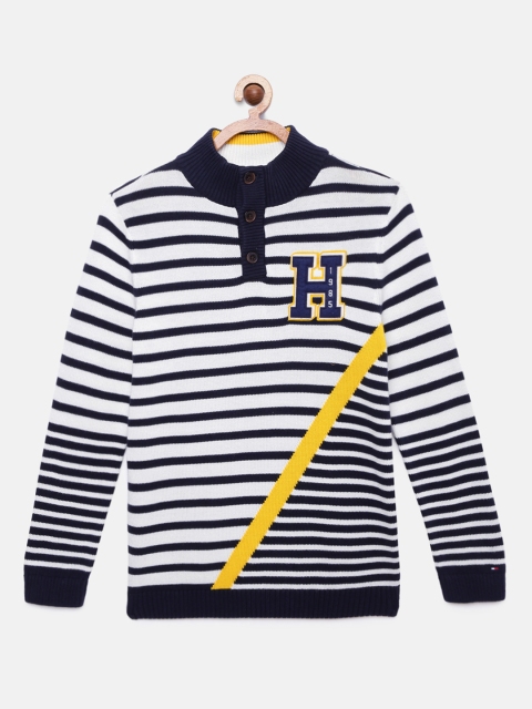 

Tommy Hilfiger Boys Navy Blue & White Pure Cotton Striped Pullover