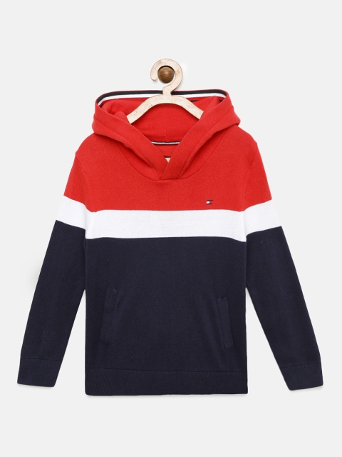 

Tommy Hilfiger Boys Navy Blue & Red Cotton Colourblocked Hooded Pullover