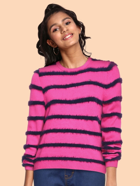 

Tommy Hilfiger Girls Pink & Navy Blue Striped Cotton Pullover with Fuzzy Detail