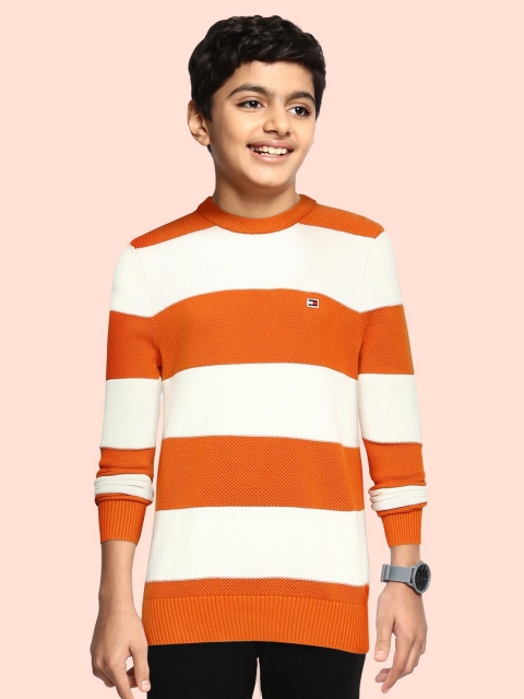 

Tommy Hilfiger Boys Orange & White Round Neck Rugby Cotton Striped Pullover