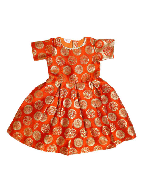 

ruviero Girls Orange & Gold-Toned Ethnic Motifs Printed Brocade Dress
