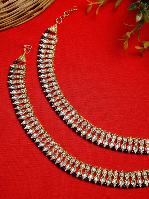 

NEUDIS Women Set Of 2 Gold-Plated & White Kundan Studded Anklet