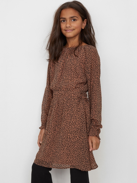 

H&M Girls Brown & Black Animal Print Smocking-Detail Dress