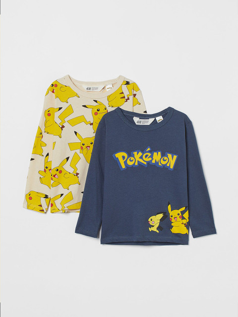 

H&M Boys Navy Blue & Beige Pokemon 2-Pack Printed Jersey Tops