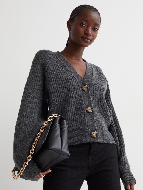 

H&M Women Grey Solid Rib-Knit Cardigan
