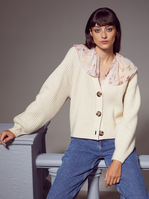 

H&M Women Beige Rib-Knit Cardigan