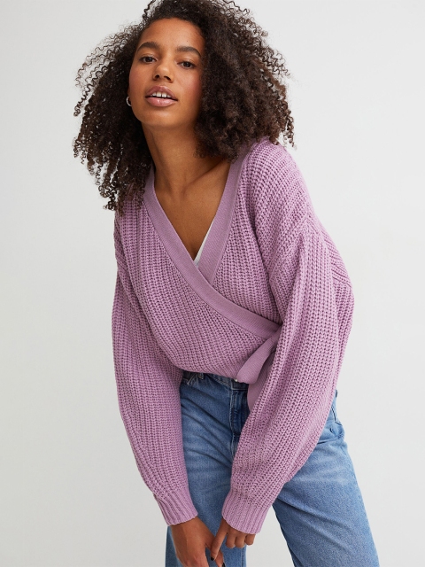 

H&M Women Purple Knitted Wrapover Cardigan