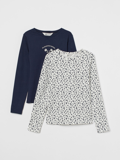 

H&M Girls White & Navy Blue 2-Pack Printed Jersey Tops