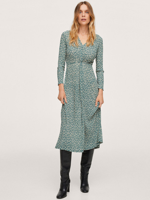 

MANGO Women Green & White Floral A-Line Midi Dress