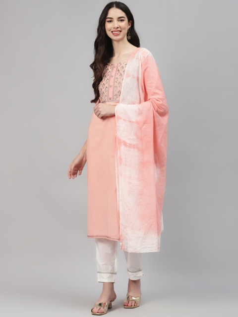 

HIGHLIGHT FASHION EXPORT Women Peach-Coloured Embroidered Regular Kurta with Trousers