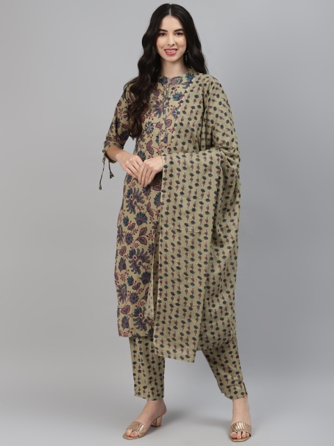 

HIGHLIGHT FASHION EXPORT Women Beige Floral Printed Regular Kurta with Trousers & With Dupatta
