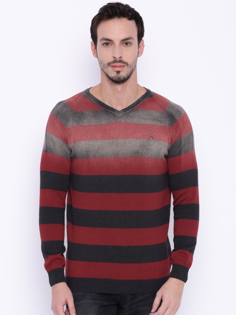 

SPYKAR Men Red & Grey Striped V-neck Sweater