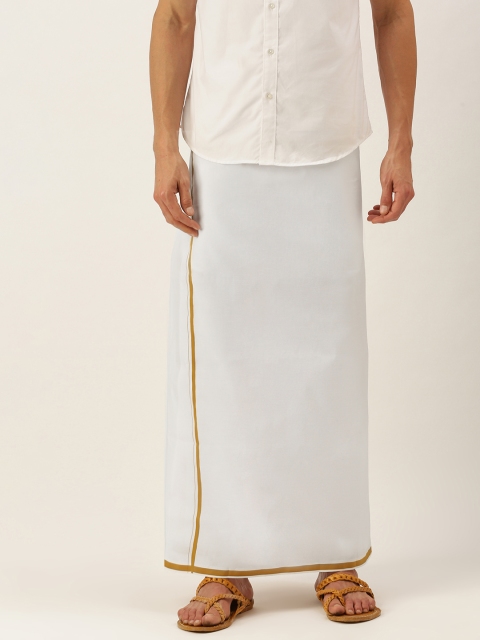 

SELVAMAGAN Men White & Mustard Yellow Solid Dhoti with Border
