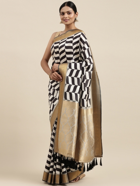 

VASTRANAND White & Black Silk Blend Banarasi Saree