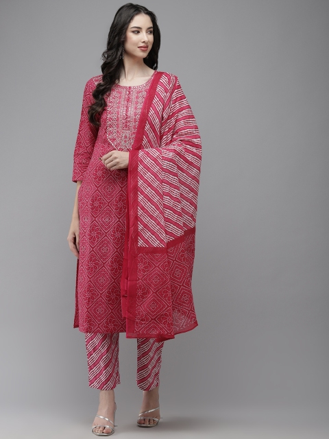 

Yufta Women Pink Bandhani Yoke Design Regular Mirror Work Pure Cotton Kurta with Trousers & With Dupatta