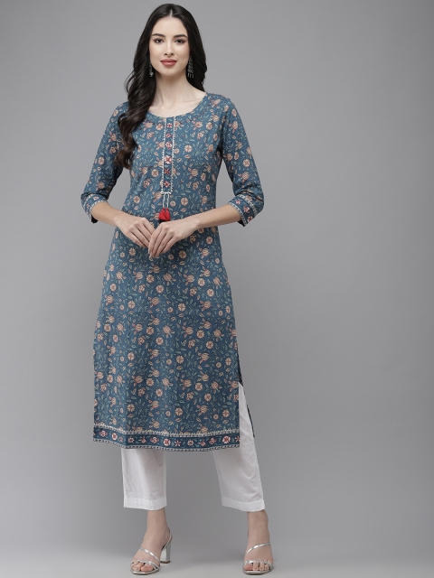 

Yufta Women Blue Floral Printed Regular Beads and Stones Pure Cotton Kurta with Palazzos