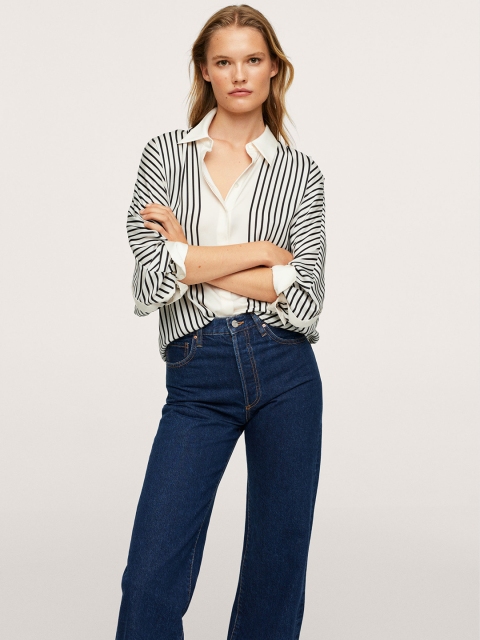 

MANGO Women Black Striped Pointed Collar Casual Shirt With Bat Winged Sleeves